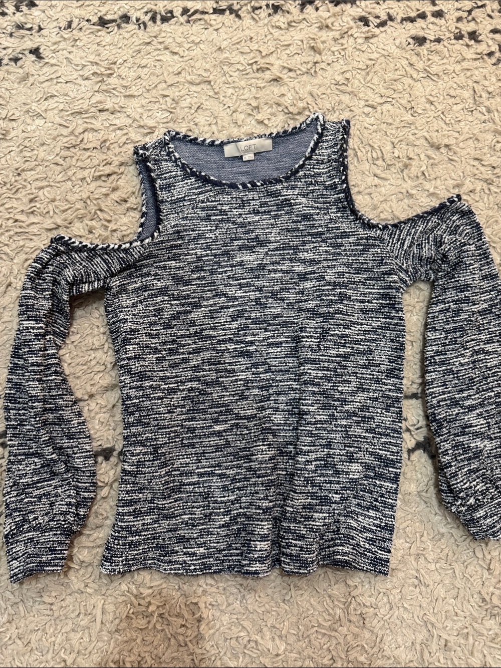 LOFT Navy & White Cold-Shoulder Marled Knit Top